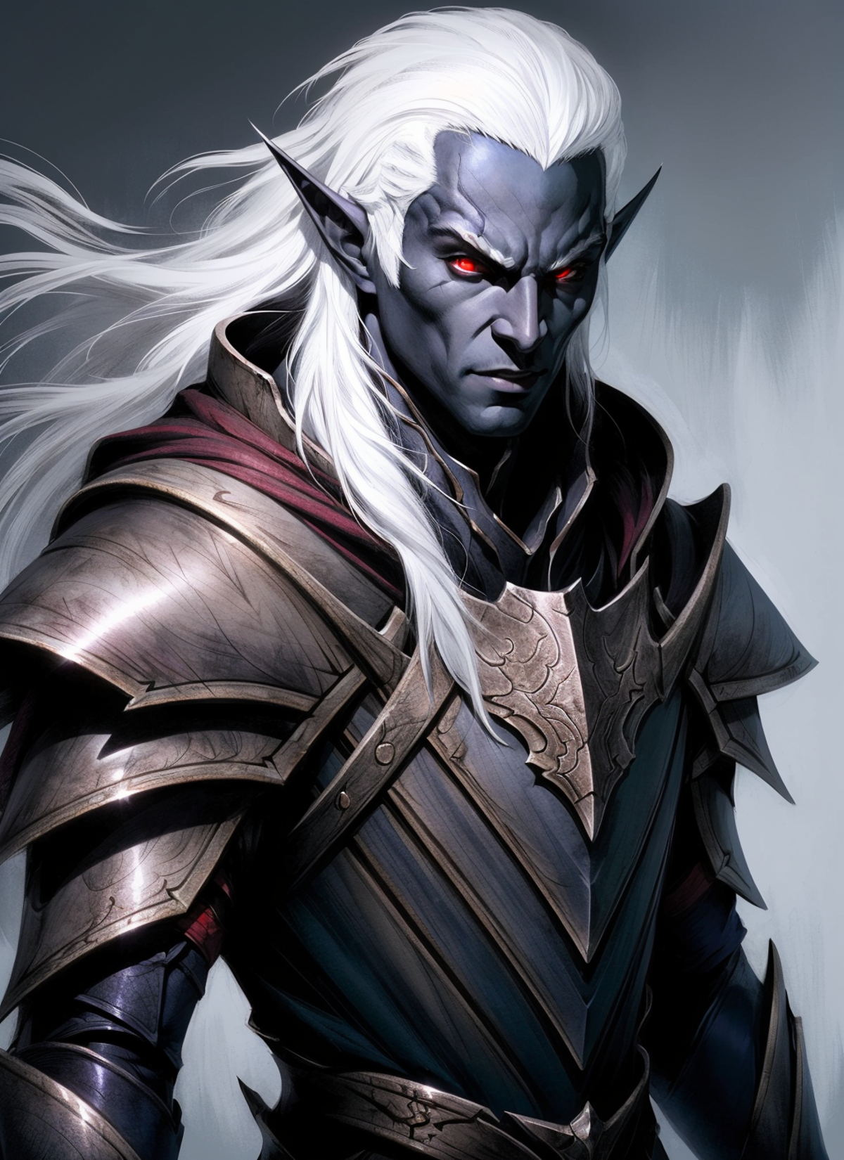 drow, male,  male focus, pointy ears, red eyes, armor, elf, white hair, shoulder armor, upper body, closed mouth, long hai...